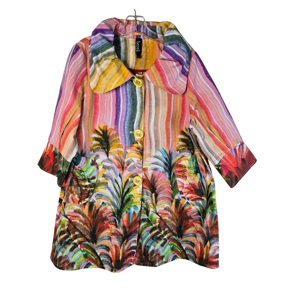 Berek Tropical Palm Print Topper Jacket Size L Italian Fabric Cotton Spandex